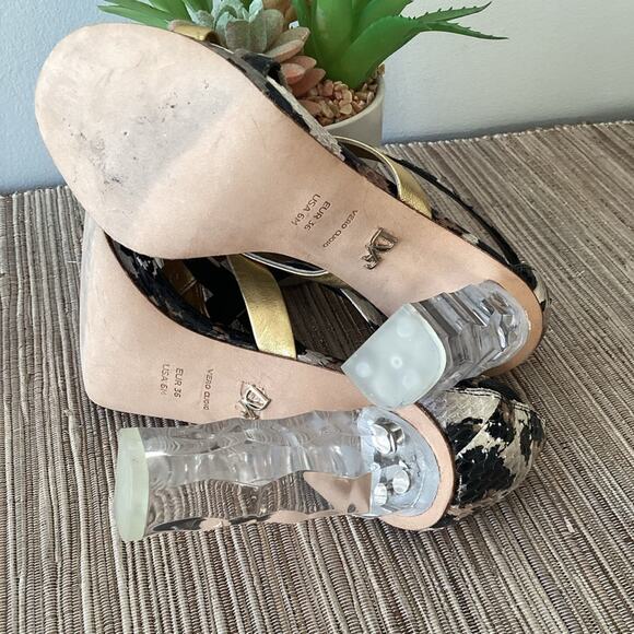 DIANE VON FURSTENBERG Ibiza Sandals Heels Shoes Gold Lucite Strappy Heel Sz 6 - Picture 8 of 8